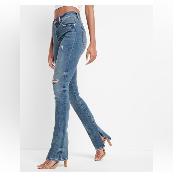 Express Mid Rise Medium Wash Ripped Skyscraper Jeans NEW - Picture 3 of 5